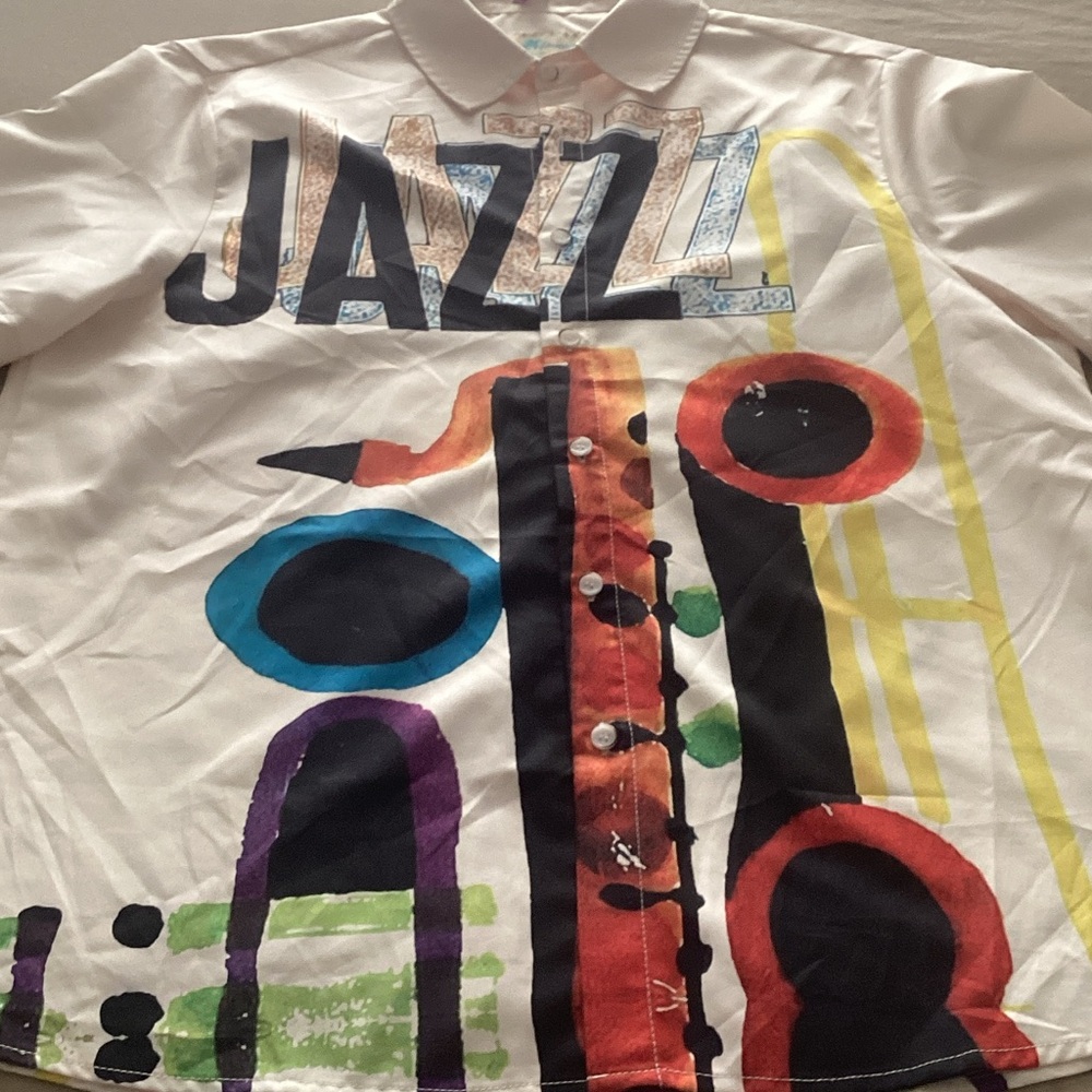 White Jazz Graphic Button-Down Shirt - Casual Men’s Polo